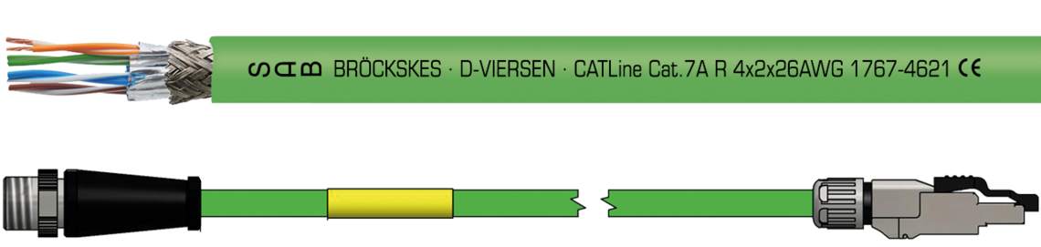 Voorbeeld markering voor CATLine CAT 7A R (1767-4621): SAB BRÖCKSKES · D-VIERSEN · CATLine Cat.7A R 4x2x26AWG 1767-4621 CE