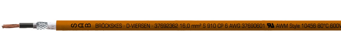 Voorbeeld markering voor S 910 CP (3769-2362): SAB BRÖCKSKES · D-VIERSEN · 3769-2362 16,0 mm² S 910 CP 6 AWG 3769-0601 UL AWM Style 10456 80°C 600V CSA AWM I/II A/B 80°C 1000V FT1 FT2 CE